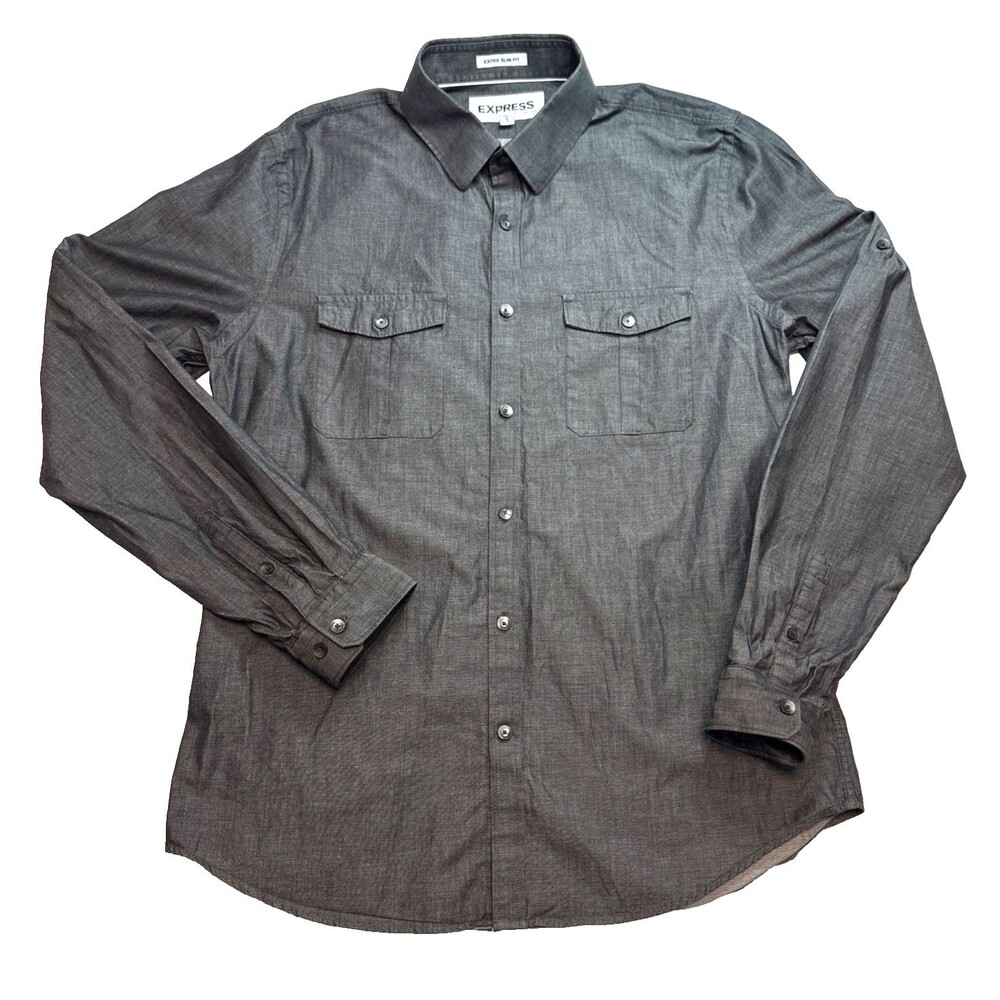 Express Fitted Dark Gray Button Down Long Sleeve Shirt Slim Fit Sz Large
